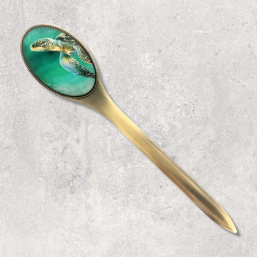 Sea Turtle Letter Opener, Nautical, Decorative, Brass & Glass, Gift Box 7.25"L